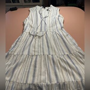 EUC Fabrik White and Light Blue Striped Tiered Dress